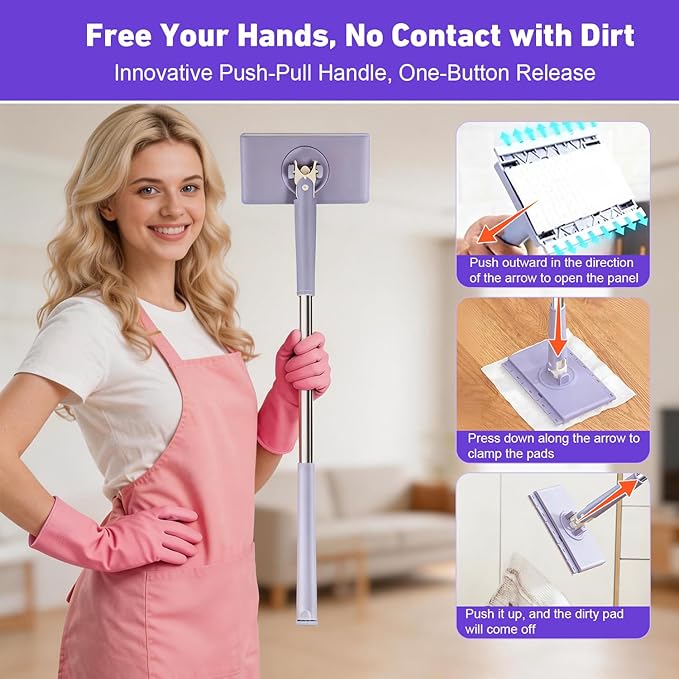 Snap Grip Mini MopCloth Changing Mini Mop 44.5 inch Lazy Automatic Gripping Zero Touch Grip-Mops Compatible with Swiffer &amp Face Towels 360 Rotating Mops for Whole House Cleaning (2 Face Towels)