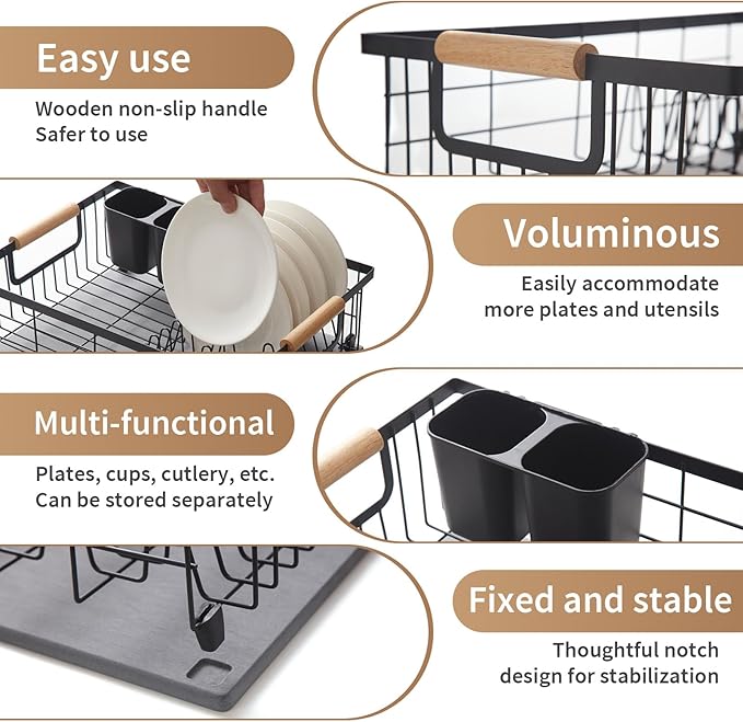 Dish Drying Rack with Stone Drying Mat Dish Drainer and Diatomaceous Earth Dish Mat Dish Drainers for Kitchen Counter with Stone Dish Mat