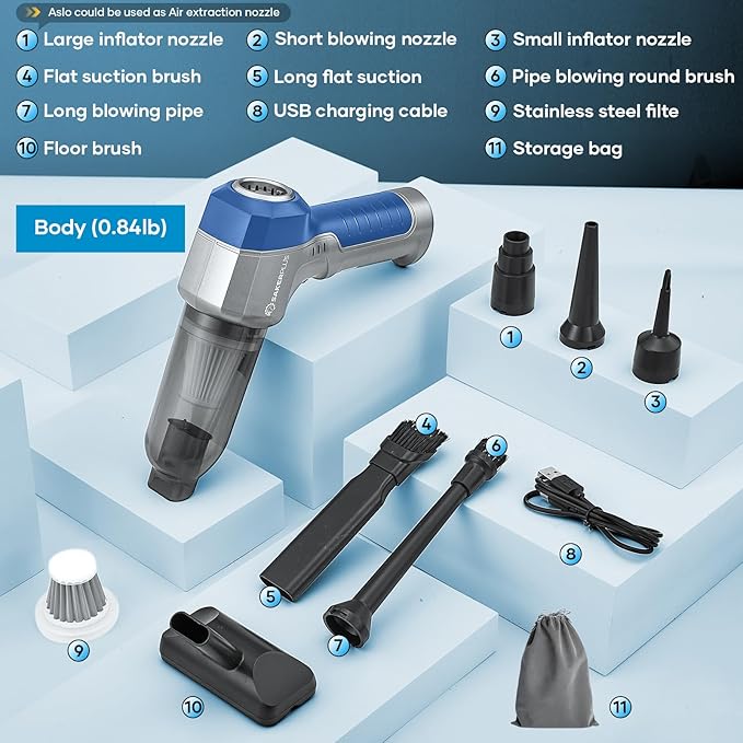 Mini Vacuum Cleaner 3 in 1 Car Vacuum Cleaner High Power 15000PA Powerful Suction Air Duster 7500mAh Adjustable Small Vaccum Portable Cordless for CarsDesktopHome- Light Blue