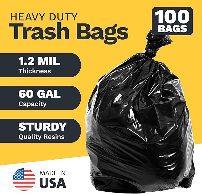 ToughBag 55 Gallon Trash Bags Heavy Duty (100 Count) - 50-60 Gallon Black Garbage Bags Large Trash Bags - 38 x 58 - Made in USA