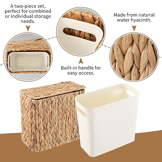 Wicker Trash Can with Lid and Liner Bathroom Trash Can with Lid Natural Water Hyacinth Wicker Waste Basket Boho Rattan Garbage Wastebasket for Bedroom Living Room Office Kitchen