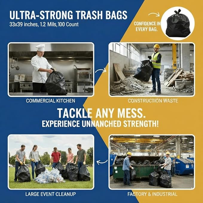 Ultra-Strong Trash Bags 33x39 Inches Heavy Duty 1.2 Mils 100 Count – Large Leak-Proof &amp Tear-Resistant Garbage Bags for Home Kitchen Office &amp Commercial Use 33 Gallon Capacity