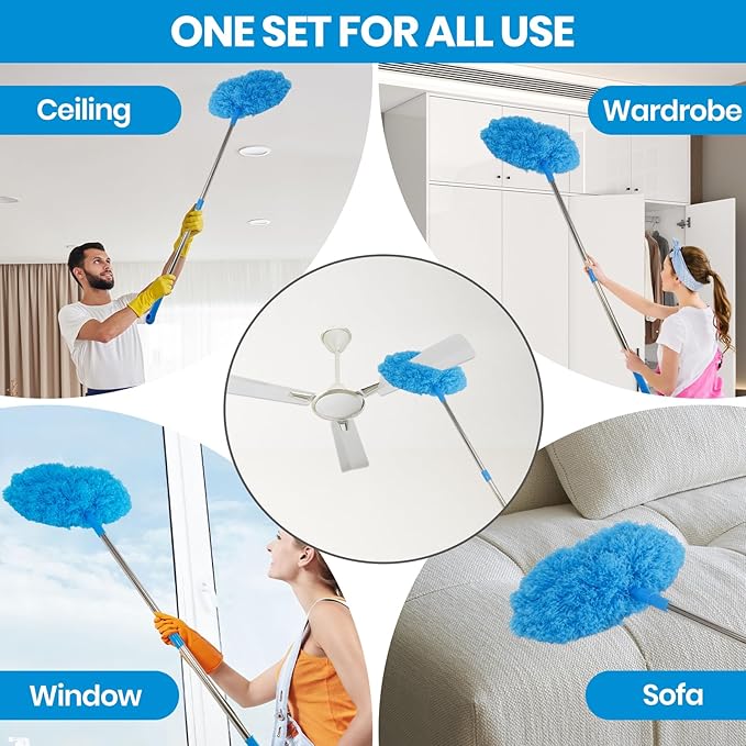 Ceiling Fan Cleaner Duster Kit 72 Inch Ceiling Fan Duster Extension Pole 8-in-1 Microfiber Duster Set for High Ceilings Fan Blades and Lights Reusable Cleaning Tools with Storage Bag