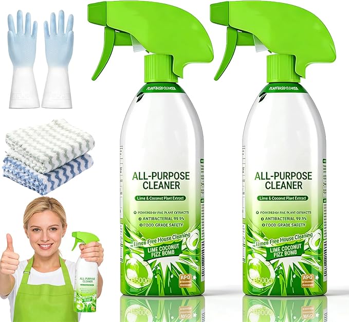 2026 Upgraded All Purpose Cleaner Multi Surface Cleaner Spray 500g Lime Coconut Deep Clean Spray Quick-Easy Stain Removal (2Set)