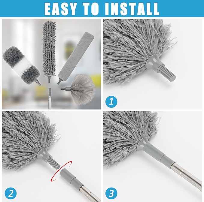 Microfiber Duster Kit 36pcs with 30 to 100 in Extension Pole and Ceiling Fan Cleaner Duster Washable and Bendable Feather Duster for Cleaning Ceiling Fans High Ceilings Blinds Grey