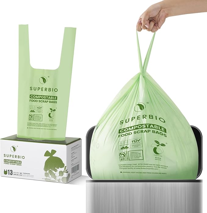SUPERBIO 13 Gallon Compostable Kitchen Waste Bags with Handles Food Scrap Bags Certified by BPI OK compost INDUSTRIAL 30 Count 49.2L