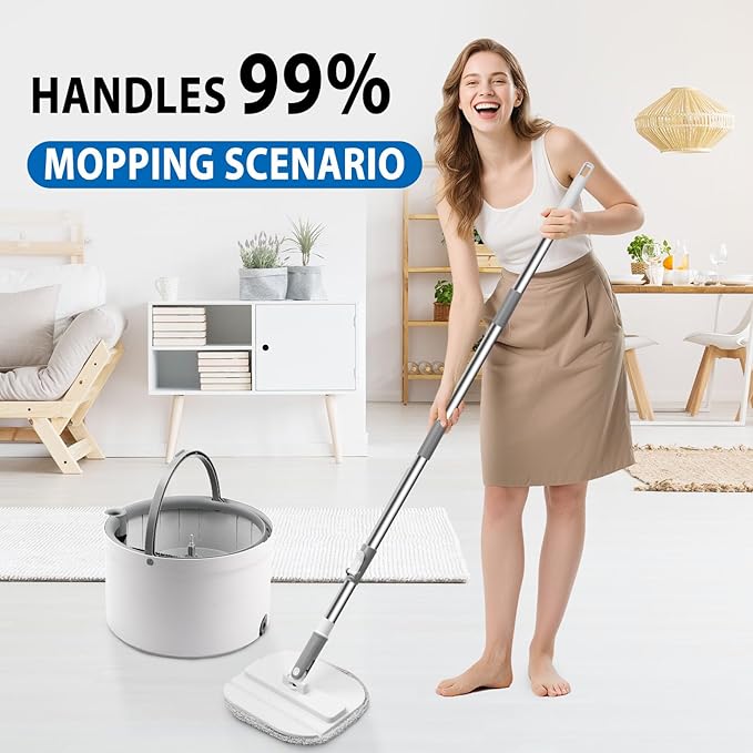 Spin Mop and Bucket with Wringer Set 360° Spinning Mop Bucket with Separate Dirty and Clean Water System with 3 Microfiber Mop Pads and 52 Stainless Steel Adjustable Handle for Floor Wall Cleaning
