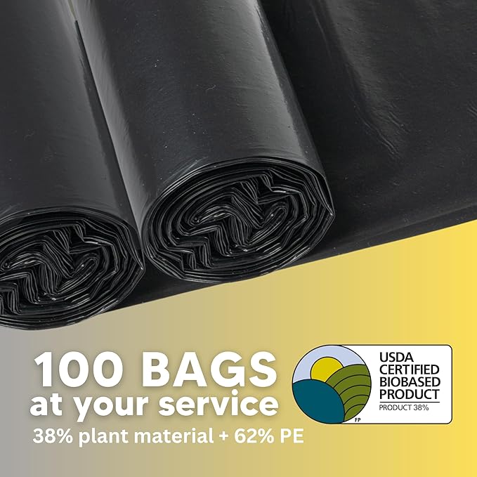 The Original Poop Bags® 45 Gallon Trash Bags 100 Count – Heavy Duty Leak-Resistant Plant-Based Garbage Bags for Pet Kitchen &amp Commercial Use – Black