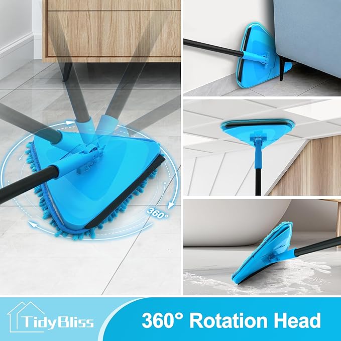 Wall Mop Cleaner with Long Handle 80” Ceiling Duster Scrubber with 360° Swivel Collapsible Head Baseboard Cleaning Tool with 4 Chenille and 2 Microfiber Pads for Windows Floor (Blue)