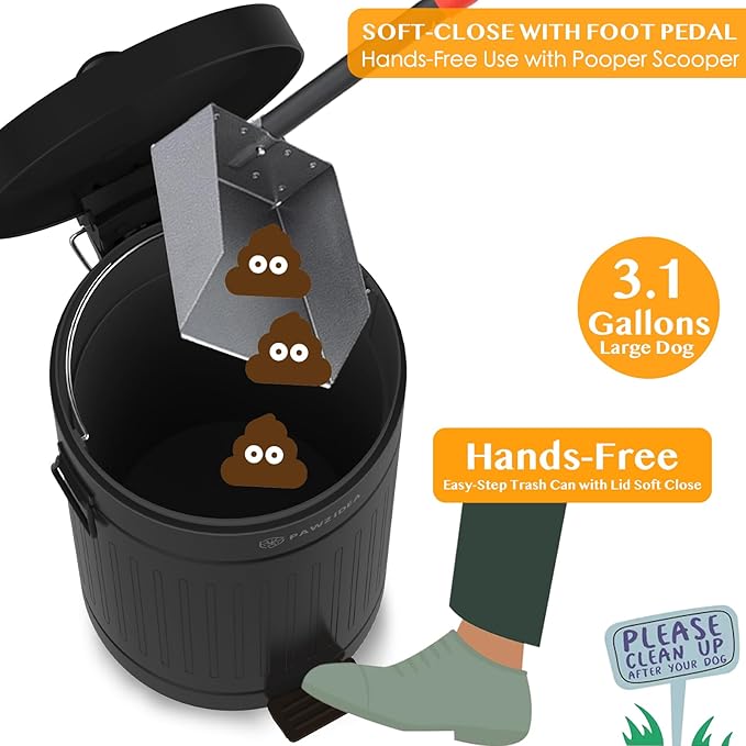 PAWZIDEA Dog Poop Trash Can Outside Odor Control 3.1 Gallon Outdoor Trash Can with Lid Waterproof Pet Waste Disposal Container Small Poop Bin Step Garbage Can 7.8in Activated Carbon Filter Black
