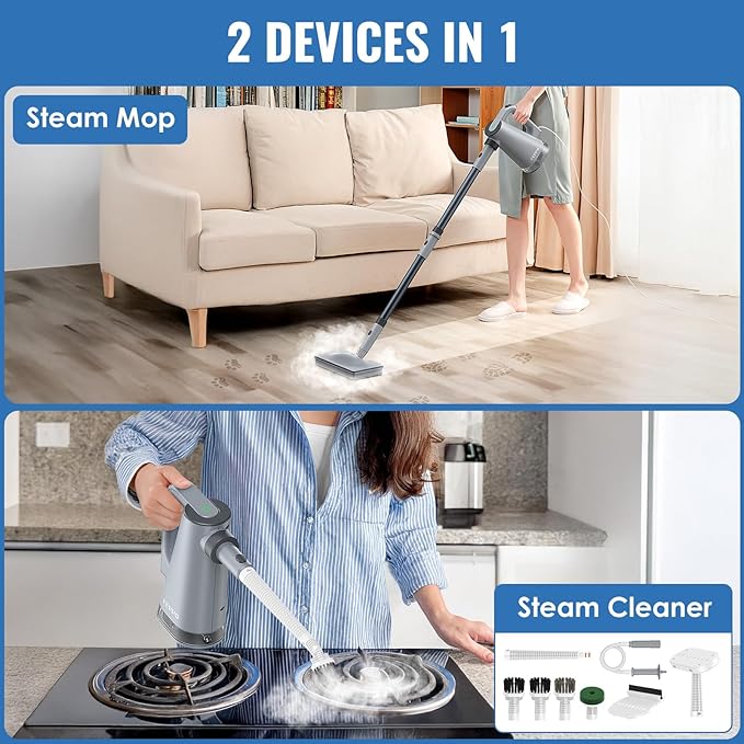 FEPPO 2-in-1 Steam Mop &amp Handheld Cleaner Bundle with 10-in-1 Accessories &amp 4 Washable Pads (Includes 2 Extra Pads) - 1300W Powerful Steamer for Floors Hardwood Tile Grout Windows Kitchen