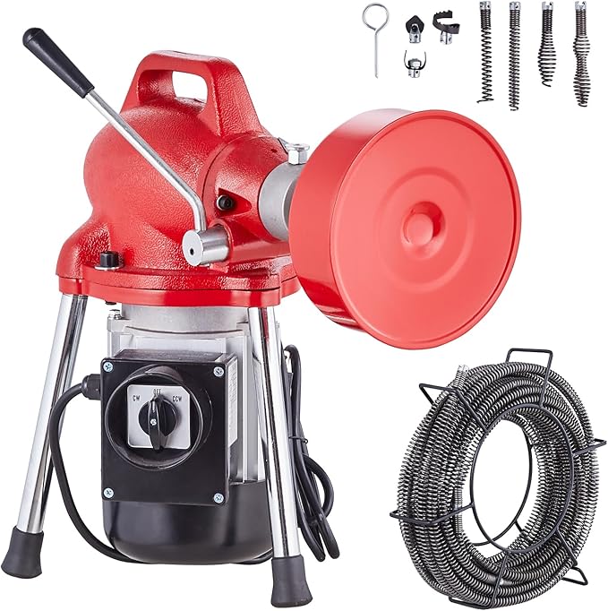 VEVOR Drain Cleaner Machine 66FT x 5/8 Inch 250W Electric Sewer Snake Auger with 2 Sectional Steel Cables (66' x 5/8 and 15' x 3/8) 7 Cutters and CW/CCW Control for 1.6 to 4 Pipes