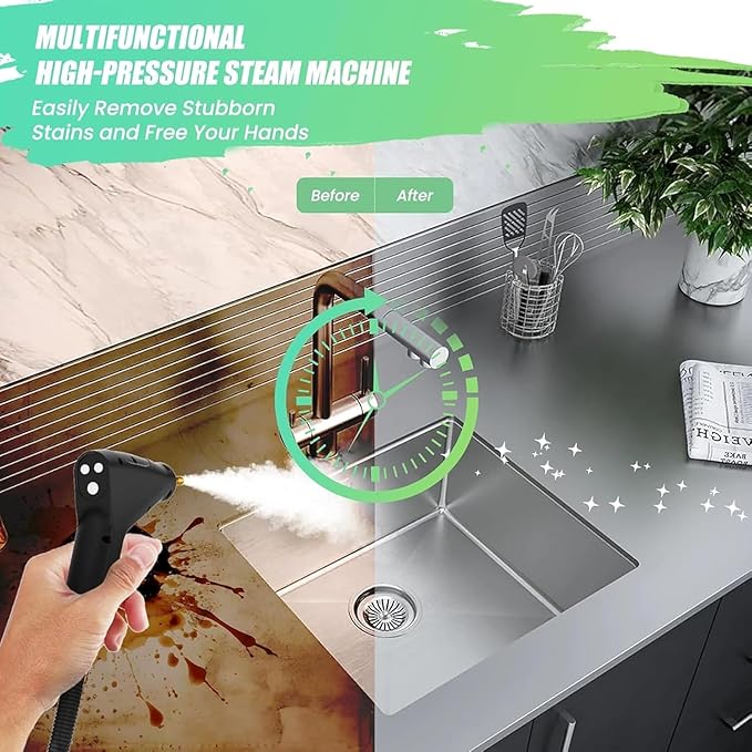 Handheld Steam Cleaner Auto Multi-Purpose Steam Cleaner 1200ML Water Tank 6 Speed Steam Output Adjustment Smart Hand Switch For Kitchen Bathroom Windows Car Interior (Black)