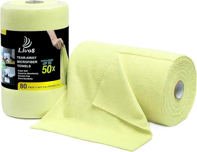 LIVOS Microfiber Cleaning Cloth Roll - 80 Pack Reusable Paper Towels Tear Away Towels Microfiber Towels for Cars Super Absorbent Lint Free Cleaning Rags for House Kitchen-Beige Yellow11.5x11.5