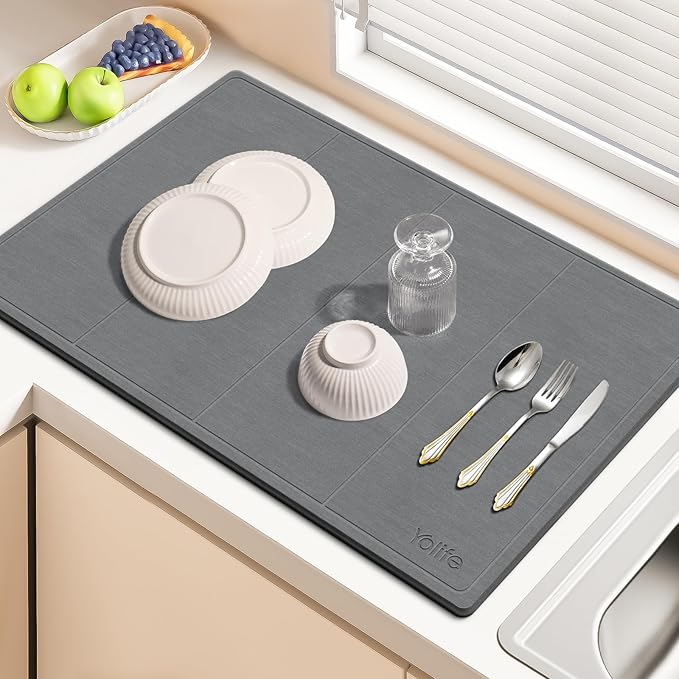 Yolife Extra Large Stone Drying Mat for Kitchen Counter 23.7 x 15.4 Kitchen Stone Dish Drying Mat Quick Drying Diatomaceous Earth Dish Drying Mat Stone Dish Mat with Non Slip Pad (Grey)