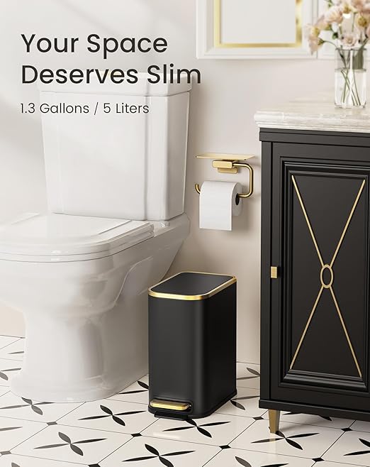 Cesun Small Bathroom Trash Can with Lid Soft Close 5 Liter/1.3 Gallon Stainless Steel Garbage Can with Removable Inner Bucket Step Pedal Slim Waste Basket for Toilet Office Bedroom (Black&ampGol