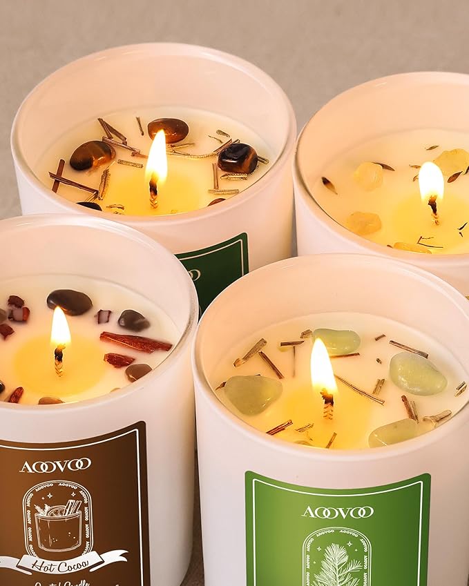 AOOVOO Holiday Candles Set for Women - 4 Pack Candles for Home Scented Aromatherapy Candle with Crystals 28 oz 200 Hour Long Lasting Candle Winter Fragrance of Cedar Fir Hot Cocoa Vanilla Cake