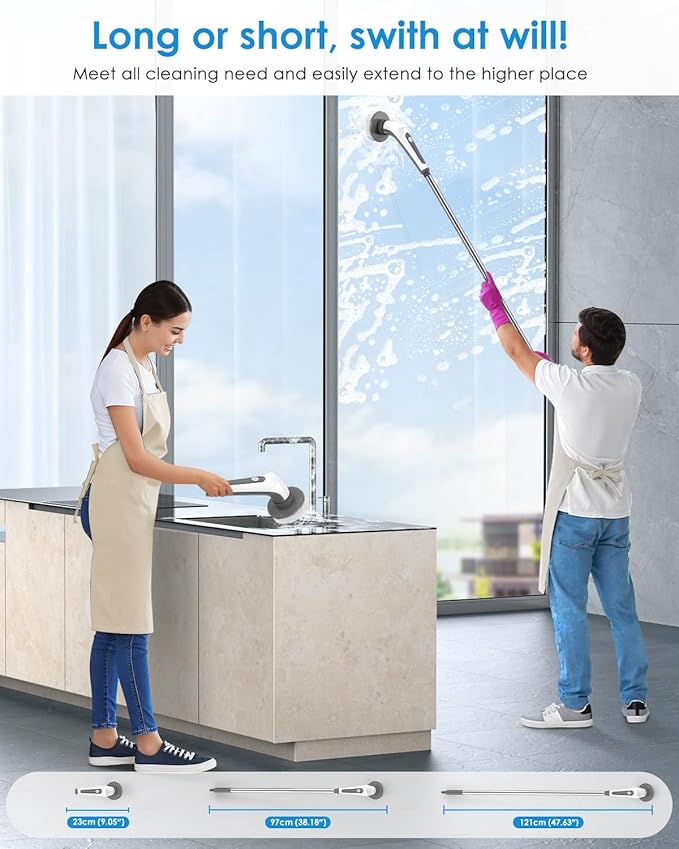 Electric Spin Scrubber 10 in 1 Airpher Cordless Cleaning Brush IPX8 with 9 Replaceable Brush Heads and 4 Tier Removable Handle Power Shower Scrubber for Bathroom Tub Tile Floor Kitchen Window
