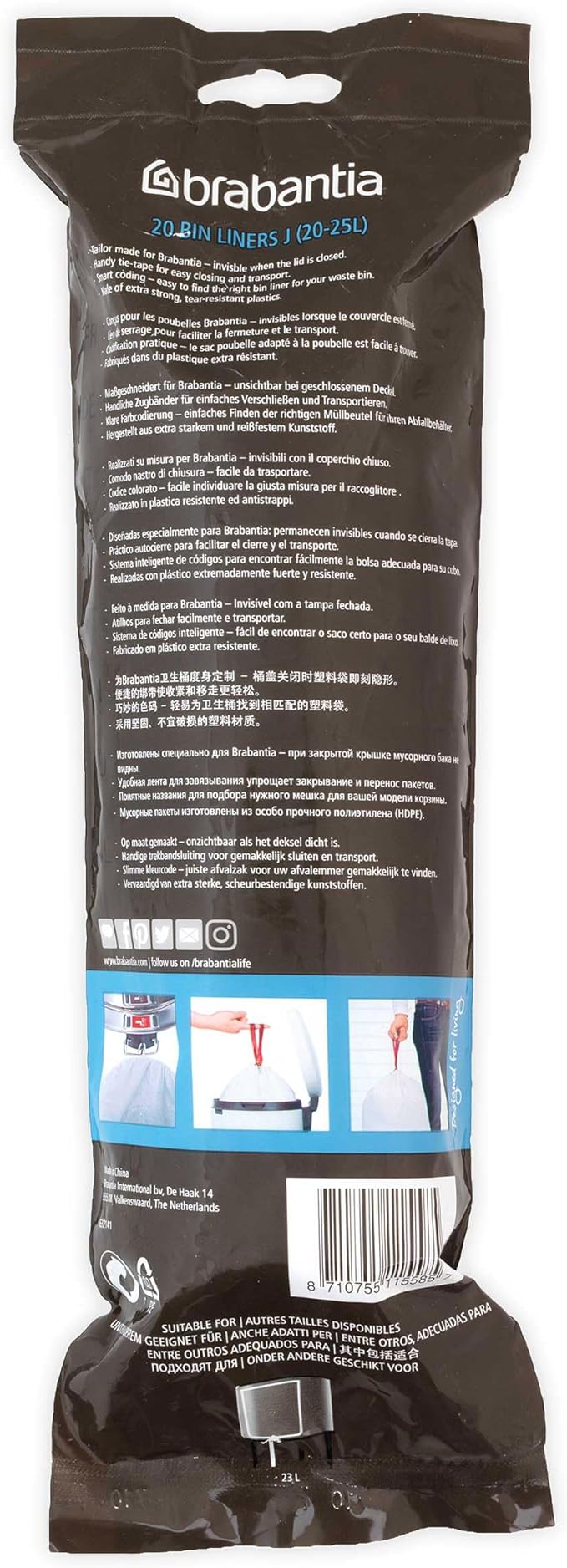 Brabantia PerfectFit Trash Bags (Size J / 6 Gallon) High Quality Thick Plastic Trash Can Liners with Tie Tape Drawstring Handles (20 Bags)