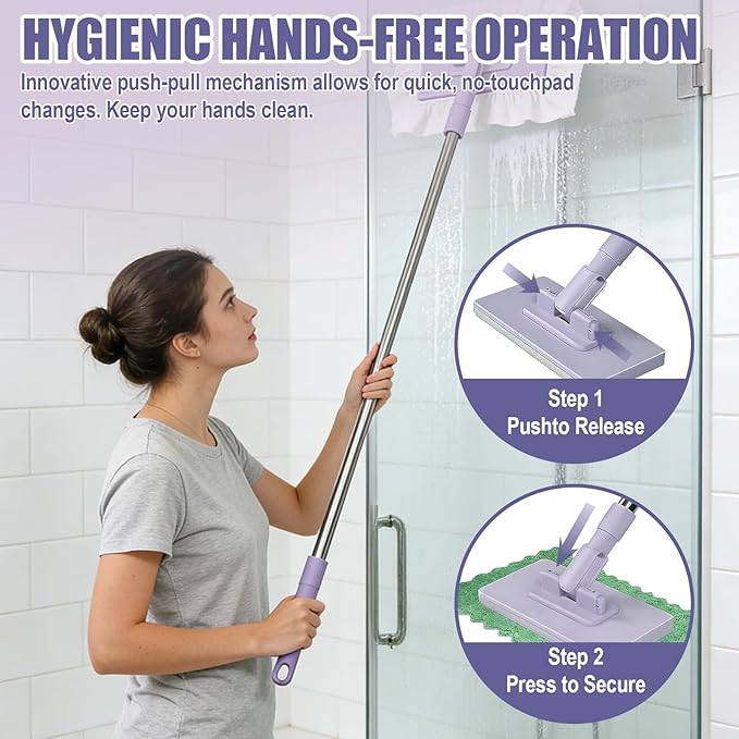 Snap Grip Mini Mop Zero Touch Mini Mops Lazy Mops with Locking Head &amp 5 Reusable Cloths Wash-Free Mini Mop for Dry and Wet Use Long Handle Stick for Multi-Surface Cleaning (Purple)