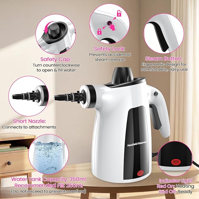 LABIGO Steam Cleaner Pressurized Handheld Multi-Surface Natural Steam Cleaner with 12pcs Accessory &amp Safety Lock Portable Steamer for Cleaning Home Kitchen Bathroom Car Upholstery Grout Wi