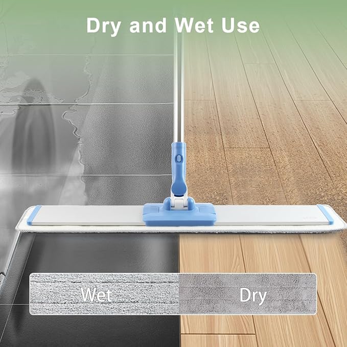 CQT Commercial Flat Microfiber Floor Mop Cleaning System 24 Inch Wet Dry and Dust Hardwood with 4 Washable Pads Cleaner for Laminate Tile Stainless Steel Handle and Extension (Blue)