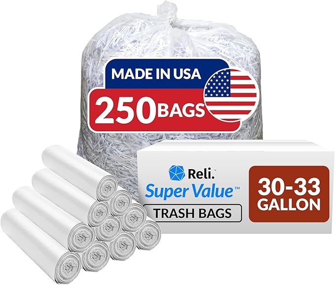Reli. 30-33 Gallon Trash Bags Heavy Duty | 250 Count Bulk | Clear Large Trash Bags 30+ 32 Gallon | Made in USA