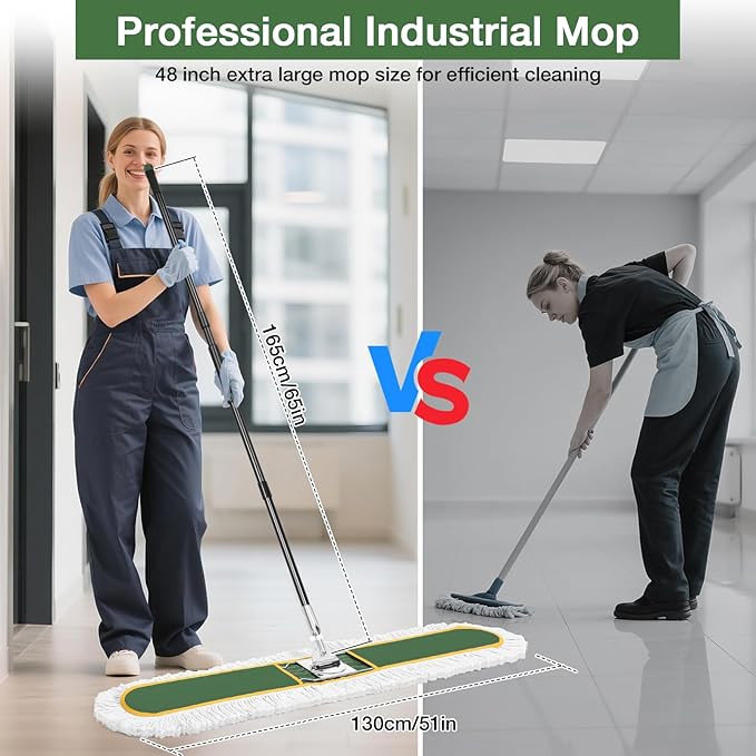 48 Commercial Industrial Dust Mop CLDREAM Heavy Duty Floor Sweeper for Floor Cleaning with Replacement Mops Pads Large Wet Dry Mop for Office Garage Hardwood Warehouse Factory Mall