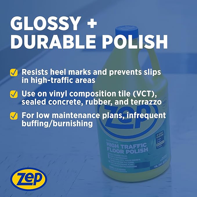 Zep Commercial High-Traffic Floor Polish 4-1 Gallon Bottles Professional Grade Floor Finish For a Range Of Hard Floor Surfaces (ZUHTFF128)