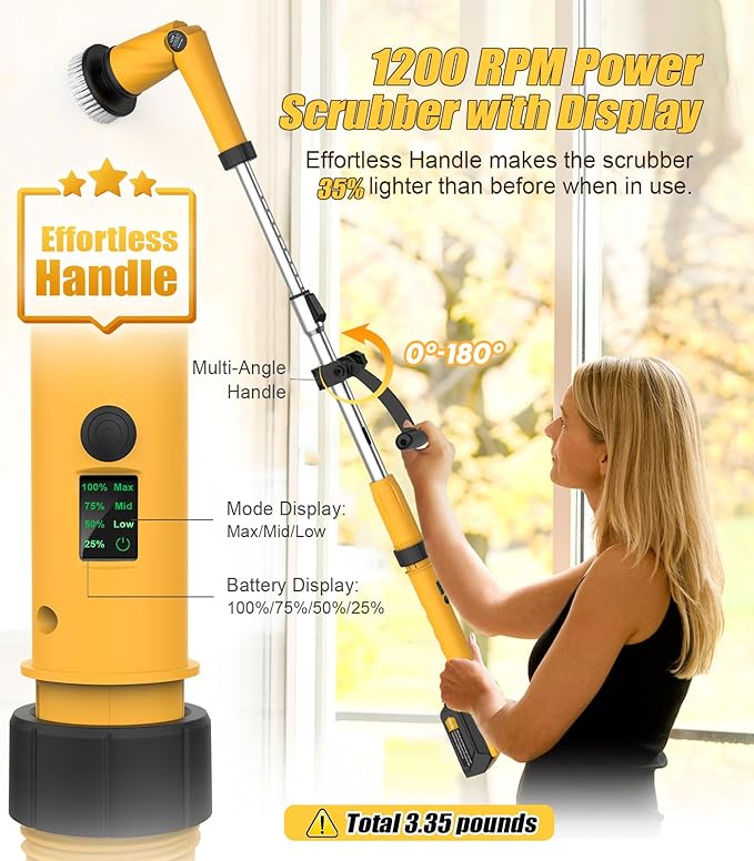 Qimedo Electric Spin Scrubber Extra Large Brush Q36000 mAh Best Battery Power Scrubber for Cleaning1200RPM Shower Cordless Cleaning Brush with 8 Brushes for Bath/Tub/Tile/Floor (Smart Display)