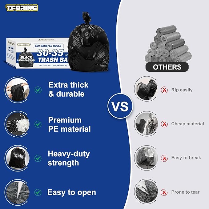 30-35 Gallon Black Trash Bags 120 Count - 32 x 37 Large Garbage Bags 30+ Gallon Strong Trash Can Liners for Home Commercial UseYard Waste Bulk