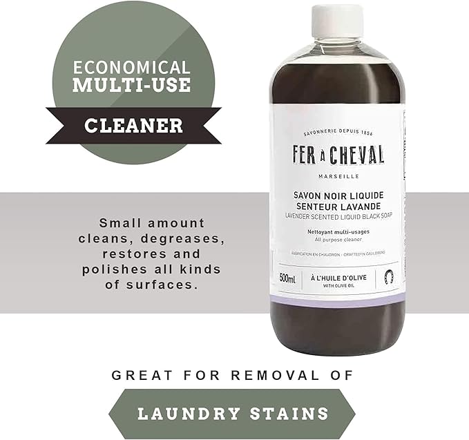 Fer à Cheval Liquid Black Soap Lavender Scent – 10 Pack 500 ml/16.9 fl oz Bottles | Natural French Multi-Surface Cleaner with Olive Oil | Aromatic All-Purpose Household Soap