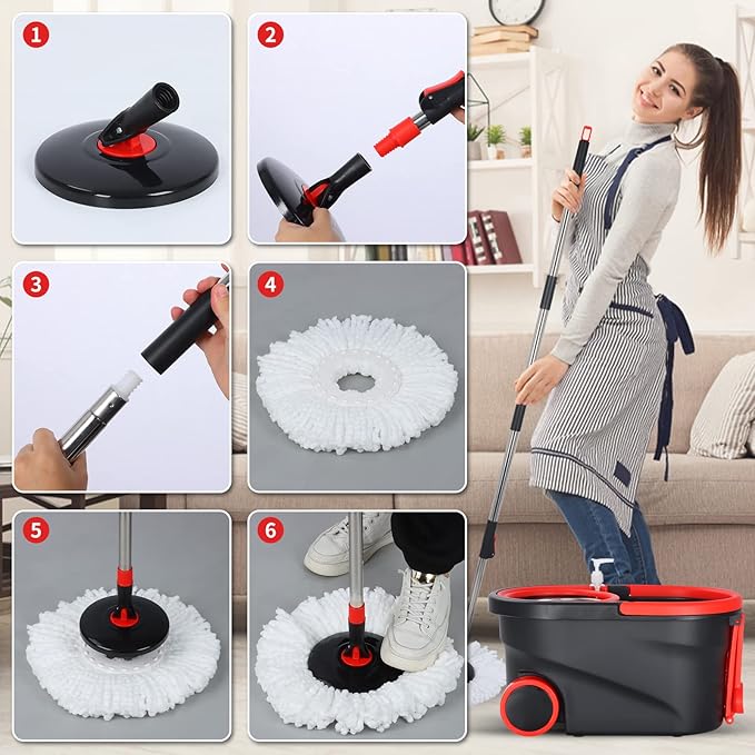 Mop and Bucket Set 360° Spin Mop and Bucket with Wringer Set and 3 Microfiber Mop Refills Stainless Steel 61'' Extended Handle Spinning Mop Bucket System for Floor Cleaning