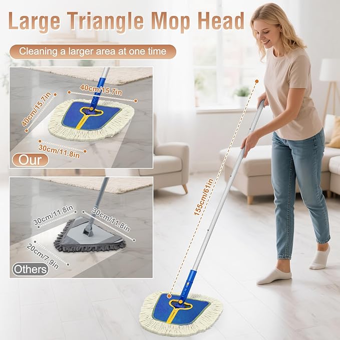 Commercial Dust Mop for Hardwood Floors Cleaning Heavy Duty Industrial Dry Mop with Wedge Cotton Mop Pads for Walls CleanerTileVinylLaminate Floor Duster Broom for Home and Business Use
