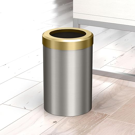 Gatco Small Bathroom Trash Can with Lid Round 3 Gallon Stainless Steel Wastebasket Under Sink Satin Nickel and Brushed Brass for Bathroom Bedroom Office (1911B)