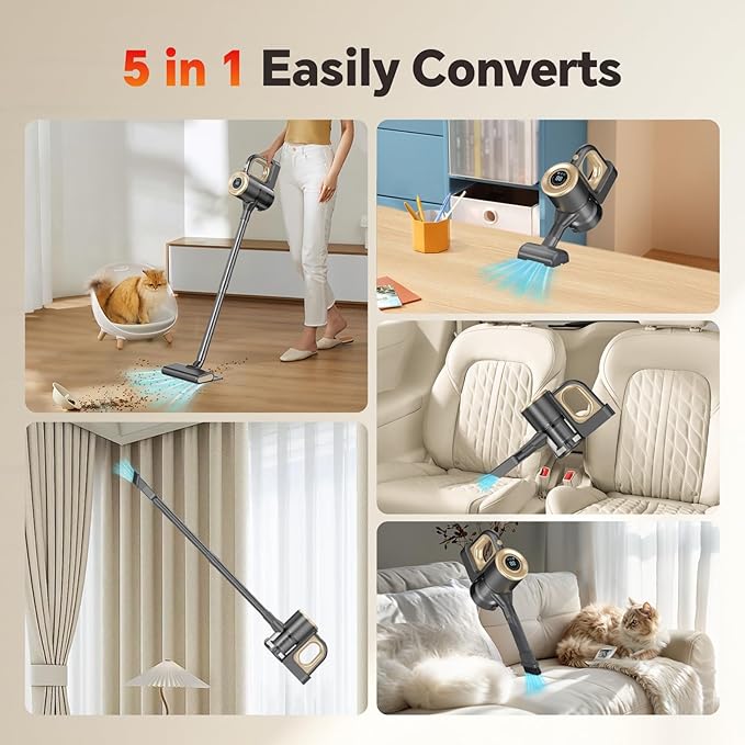 Cordless Vacuum Cleaner Powerful Suction Vacuum Cleaners for Home Stick Vacuum Cordless Rechargeable with LED Screen and 3-Speed Suction Lightweight Vacuum for Hard Floors Carpets Pet Hair Gold