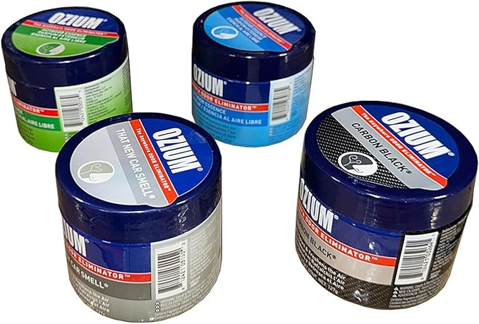 Ozium 4.5 Oz. Odor Eliminating Gel for Homes Cars Offices and More (Original + Carbon Black + Outdoor Essence + That New Car Smell) 4 Pack Variety