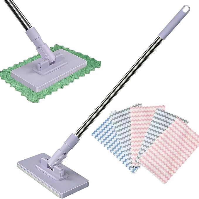 Snap Grip Mini Mop Zero Touch Mini Mops Lazy Mops with Locking Head &amp 5 Reusable Cloths Wash-Free Mini Mop for Dry and Wet Use Long Handle Stick for Multi-Surface Cleaning (Purple)