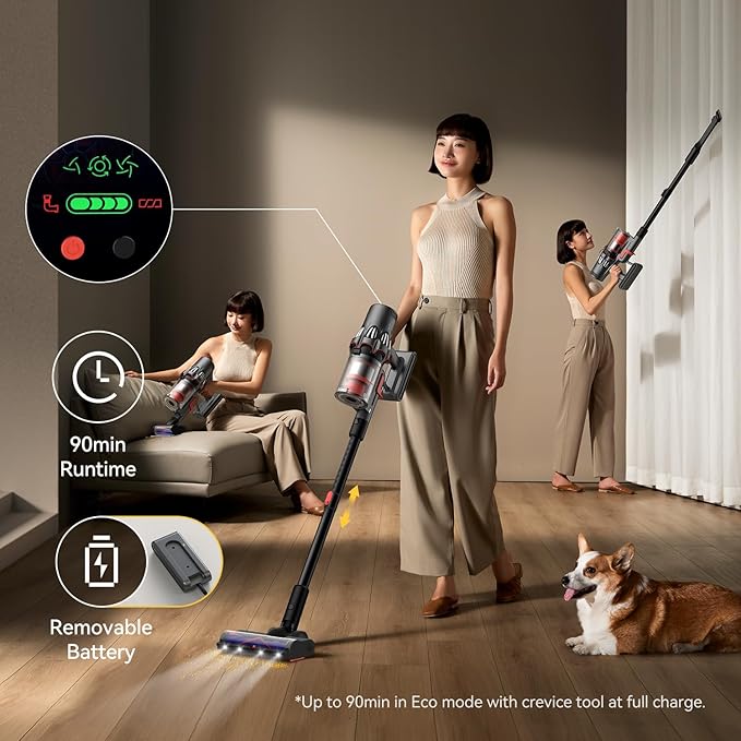 Vacuum Cleaners for Home Anti-Tangle Cordless Stick Vacuum Cleaner Up to 90 Minutes with HEPA Filter 590W Wireless Rechargeable Portable Vacuum for Household Pet Hair Carpet Hardwood Tile Couch Bed