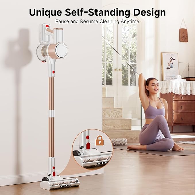 Cordless Vacuum Cleaner Powerful Suction Vacuum Cleaners for Home Stick Vacuum Cordless with LED Display Anti-Tangle &amp Wall Mount 8 in 1 Lightweight Vacuum for Hard Floors Pet Hair(Gold)