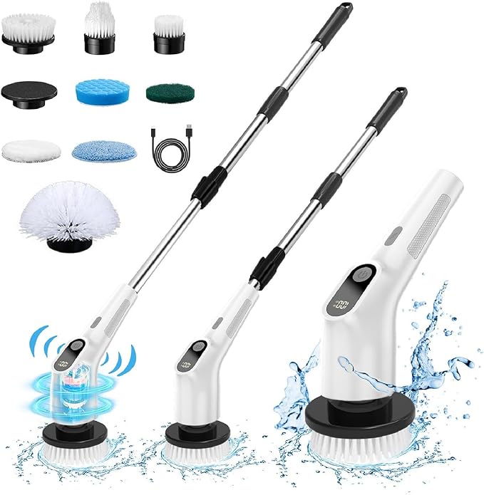 APLUSH Electric Spin Scrubber Cordless Cleaning Brush Scrubber for Home 8 Replaceable Brush Heads Shower Scrubber with Adjustable Extension Handle for Cleaning FloorsBathtubsTiles Sink