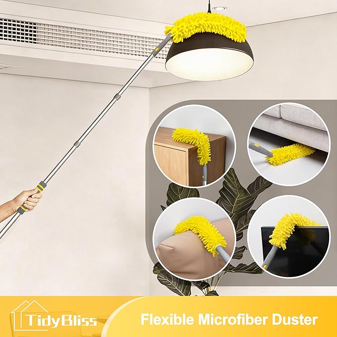 77” Ceiling Fan Blades Cleaner Duster with Extension Pole Extendable Flexible Dust Cleaning Brush Reusable Chenille Mop for Baseboard Wall Floor Blinds Cobweb