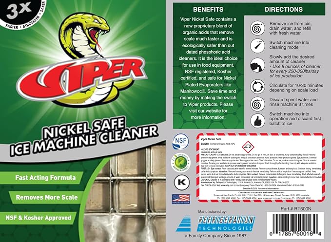 Refrigeration Technologies Viper Nickel Safe Ice Machine Cleaner and Scale Remover NSF Registered Kosher Certified Proprietary Organic Acid Blend 16oz RT500N or 1Gal RT500G (16oz 2 Pack)