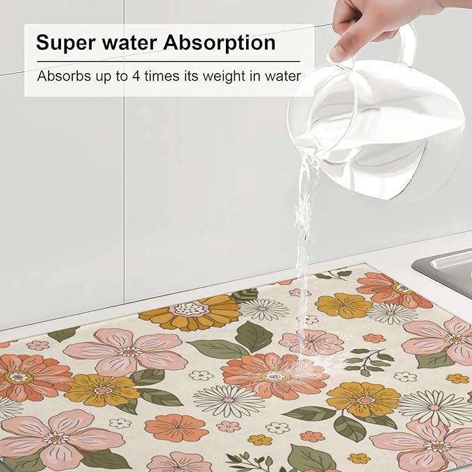 Absorbent Dish Drying Mat For Kitchen Counter Pink Flowers Microfiber Dish Drying Pad Kitchen Gadgets For Easy Clean Multi-Use