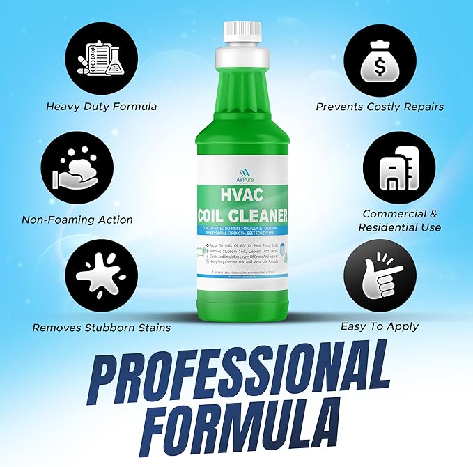 AC Evaporator Coil Cleaner - 1 Quart (946mL) No-Rinse Formula Metal-Safe Corrosion Inhibitors – Cleans Air Conditioners Condensers HVAC Mini Splits Heat Pumps – Residential &amp Commercial Use