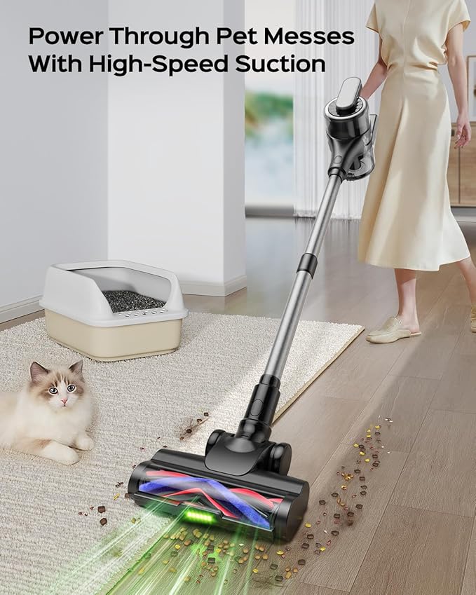 Cordless Stick Vacuum Cleaner – 3-in-1 Brush Roll for Hard Floors and Carpets 55 Min Runtime Rechargeable Lightweight Vacuum with Green LED Headlight for Pet Hair and Dust Cleaning
