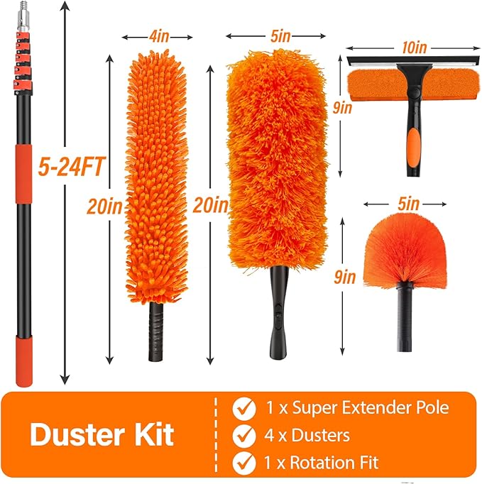 30FT High Reach Duster Cleaning Kit with 5-24 FT Extension PoleHigh Ceiling Dusting and Window Cleaning Kit with Microfiber Feather DusterCobweb DusterCeiling Fan DusterWindow Squeegee Cleaner