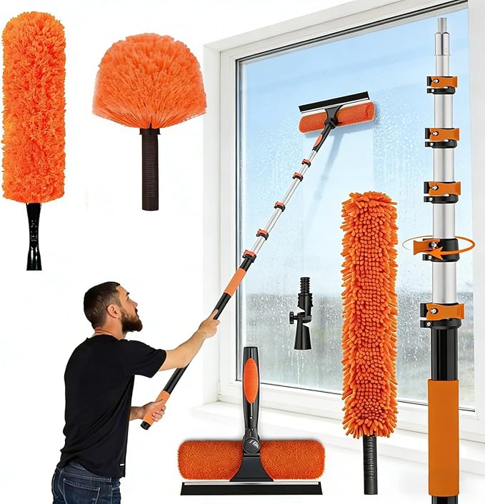 30FT High Ceiling Duster Kits with 5-24FT Telescoping Extension Pole - Fan Blade Cleaner Cobweb Remover &amp Window Cleaning Kit Washable Dust Brush for High Roof and Glass Surfaces