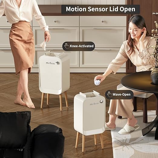 MRBIN Motion Sensor Trash Can Bathroom with Butterfly Lid and Leg 5.5 Gal / 20 L Tall Automatic Touchless Electric Smart Waste Basket Toilet Covered Garbage Dustbin for Bedroom Cream White