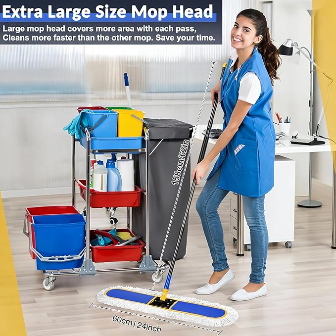 CLDREAM 24 Commercial Dust Mop for Floor Cleaning with 2 Mop Head Large Industrial Push Broom Mops with 60 Long HandleWet Dry Floor Duster for Concrete Hardwood Tiles Marble Floors